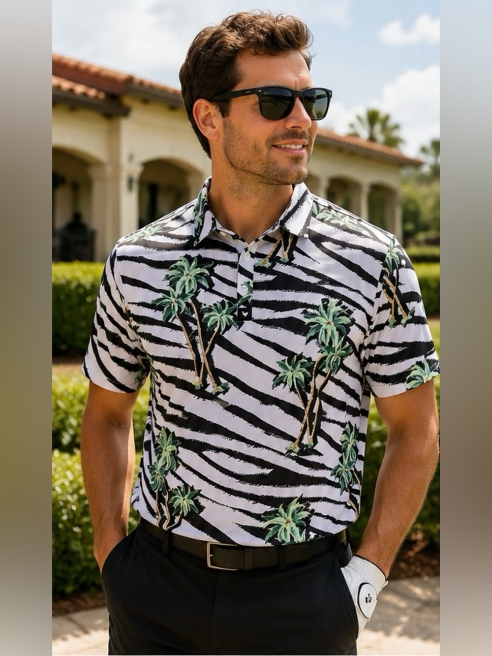 Bad Birdie Summer Safari Golf Polo Shirt Large Tropical Palm Tree Performance